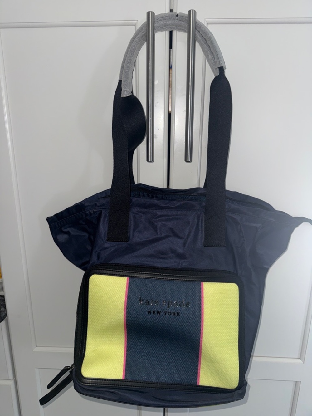 Kate Spade Large Navy Tote with Yellow Front Panel and Pink Trim